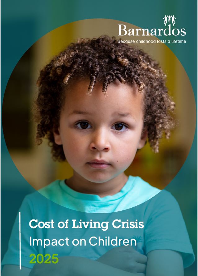 The image you shared appears to be from a Barnardos campaign highlighting the impact of the cost of living crisis on children in 2025. It features a child with curly hair wearing a light blue shirt, with the Barnardos logo and the slogan "Because childhood lasts a lifetime" at the top right corner.